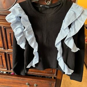 Zara Classic Black Sweater  With Blue/White Ruffle Size Small